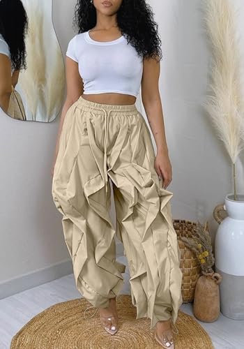 Women's Baggy Barrel Cargo Pants Y2k High Waisted Drawstring Wide Leg Casual Ruffle Patchwork Parachute Trousers Pants2