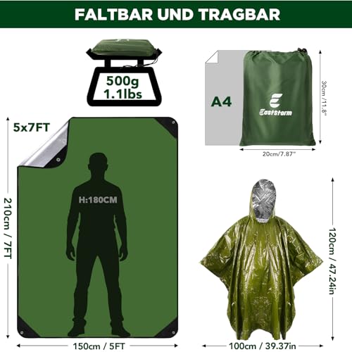 E EASTSTORM 210×150cm Verdickter Notfalldecke Schlafsack Survival Biwaksack Rettungsdecken Plane Wasserdicht Thermodecke Tarp Zeltplane und Notfall Regenponcho Ultraleicht Kälteschutz für Camping