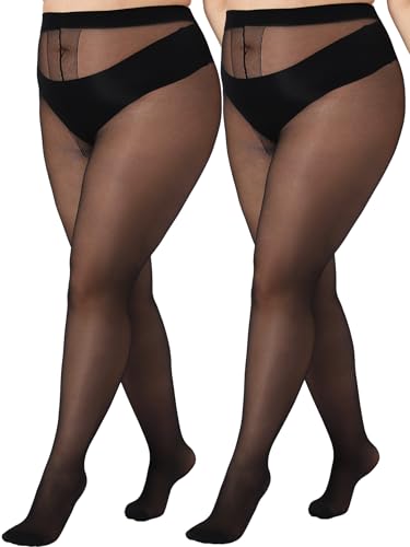 HONENNA Plus Size Sheer Tights for Women T Crotch Black Pantyhose Control Top Stockings
