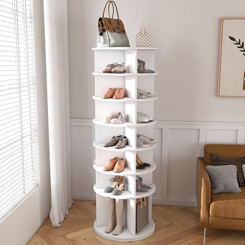 MSMOK Blanco (60 × 60 × 184 cm),Torre de zapatos giratoria con 7 niveles – Zapatero giratorio 360°, independiente, ahorra espacio para hasta 28 pares de zapatos