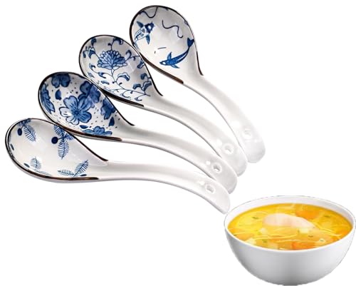 LATRAT 4 Stücke Asiatische Suppenlöffel, Einzigartige Muster ramen Löffel Keramik löffel, Langem Griff Löffel Set für Knödel, Reisnudeln,...
