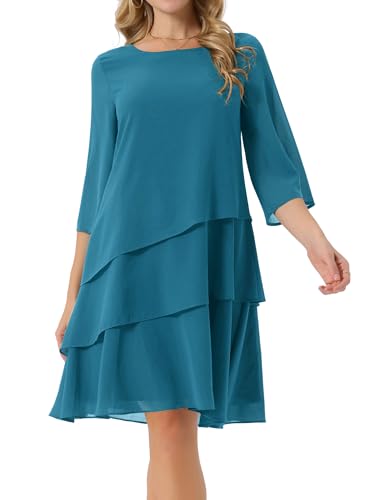 Image of Seta T Women's Chiffon Dresses 3 /4 Bell Sleeve Crewneck Tiered Layered Flowy Dress Party Wedding Outfits
