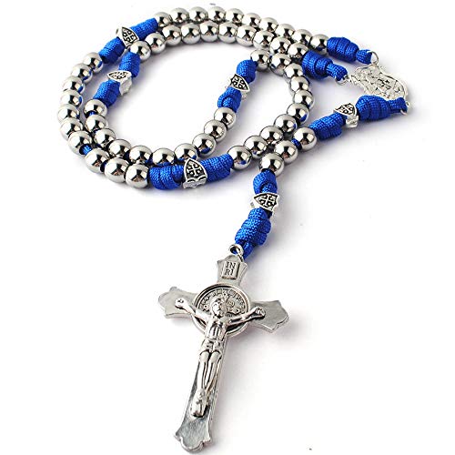 HanlinCC 10mm Stainless Steel Beads Large and Heavy Rugged Durable Paracord Rosary for Men with St.Michael Center Piece and St.Benedict Crucifix (Blue)