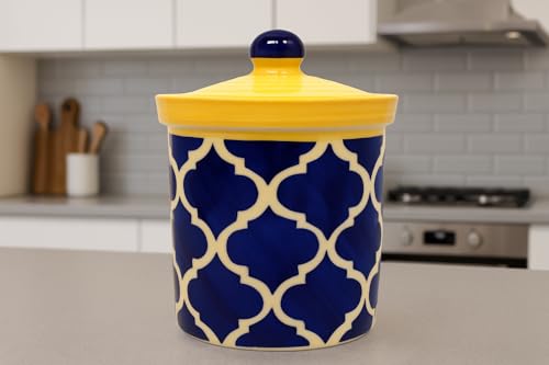 Image of HS HINDUSTANI SAUDAGAR Blue Umrao Ceramic Pickle Jar Set Of 2(750 ml Each) Multipurpose Container Salt Sugar Spices Ceramic Jar with Lid Chutney Jar Dining Table Ideal For kitchen storage Gifting