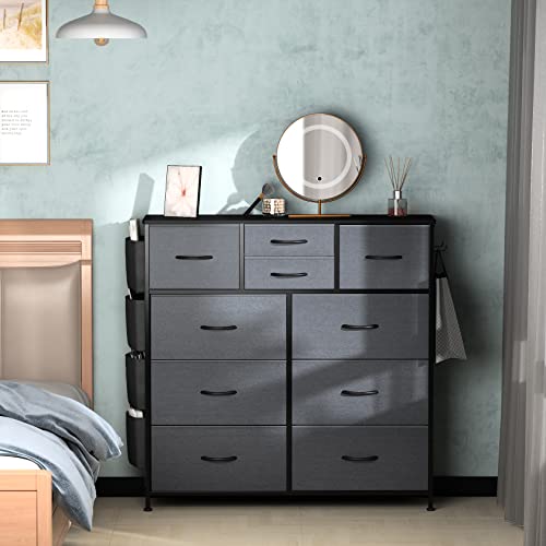 Lulive 10 Drawer Dresser, Chest Of Drawers For Bedroom With Side Pockets And Hooks, Fabric Storage Dresser, Sturdy Steel Frame, Wood Top, Organizer Unit For Nursery, Hallway, Closet (Dark Grey) #TOP3
