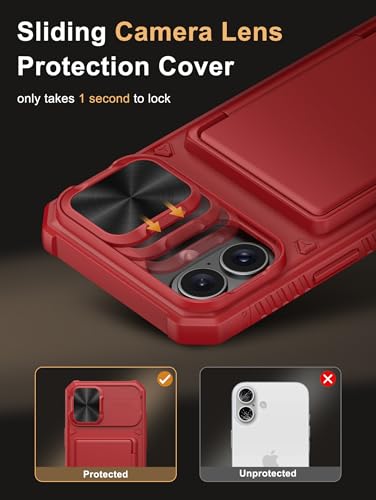 Image of Vihibii for iPhone 16 Plus Wallet Case with Card Holder (4 Cards) [RFID Blocking] & Slide Camera Cover & Raised Edges Protect Screen, Shockproof Rugged Phone Case for iPhone 16 Plus 6.7 inch, Red