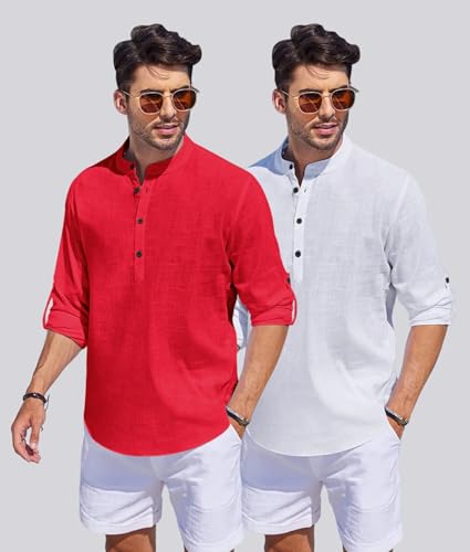 Image of Men's Cotton Blend Straight Kurta Shirt Combo with Mandarin Collar - Slim Fit Casual Short Kurti Set Featuring Textured Slub Fabric and Roll-Up Full Sleeves