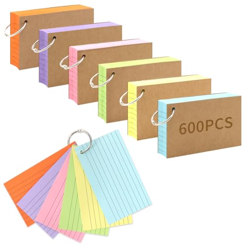 Lovppy - 600 PCS Index Cards 3x5 Inches Colored Flash Cards with Ring, Punched Lined Flashcards Ruled Index Cards Notecards Study Cards Heavy Note Cards for Studying, Learning, School, College, Memory - -5%