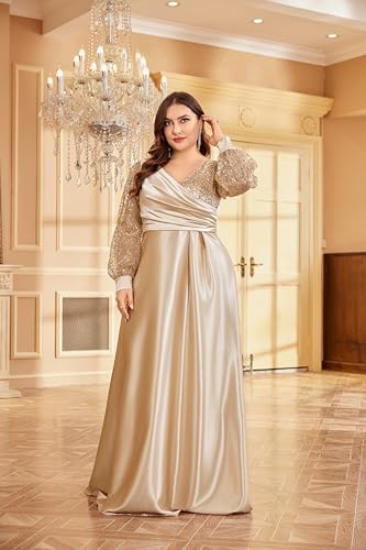 Image of XUIBOL Plus Size Women's Sequin Patchwork Long Sleeve Evening Party Dress Champagne 20