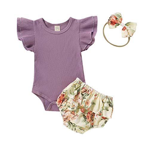 Infant Baby Girls Floral Ruffle Bloomers Outfits Summer Ribbed Romper Bodysuit Tops+Shorts 3Pcs Clothes Set (Purple, 0-3 Months(70))