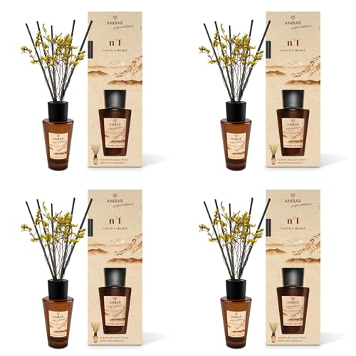 Pack 4 Ambientadores Mikado Ambar Signature nº1 Salted Caramel 85 ml | Difusor de Varillas con Flor Decorativa | Aroma Caramelo Salado, Crema de Leche y Coco Vainilla | Fragancia Hogar Duradera