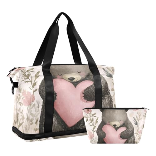 Forest Big Love Bear Gym Bag for Women Sport Travel Duffel Bag Shoulder Weekender Overnight Bags with Wet Pocket & Shoe Compartment