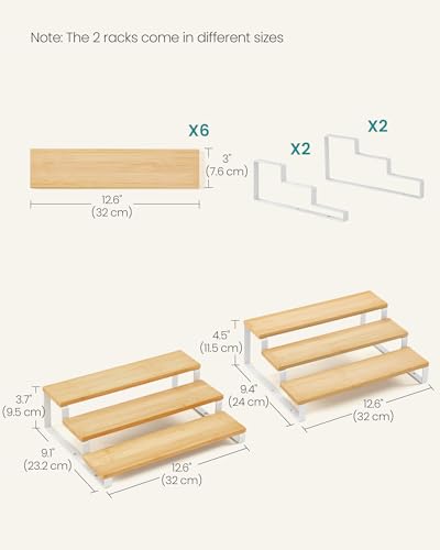 Image of SONGMICS Display Risers, Set of 2 Engineered Wood Perfume Organizer Stand, 3-Tier Cupcake Stand Holder, Spice Rack, Shelf Risers for Figures, Dessert Shelves, Natural Beige and Cloud White UKCS016N02
