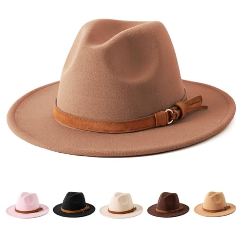 Jastore Kids Girls Boys Classic Wide Brim Bowknot Floppy Fedora Hat Wool Felt Bowler Cap (D-Khaki, 5-10 Years)