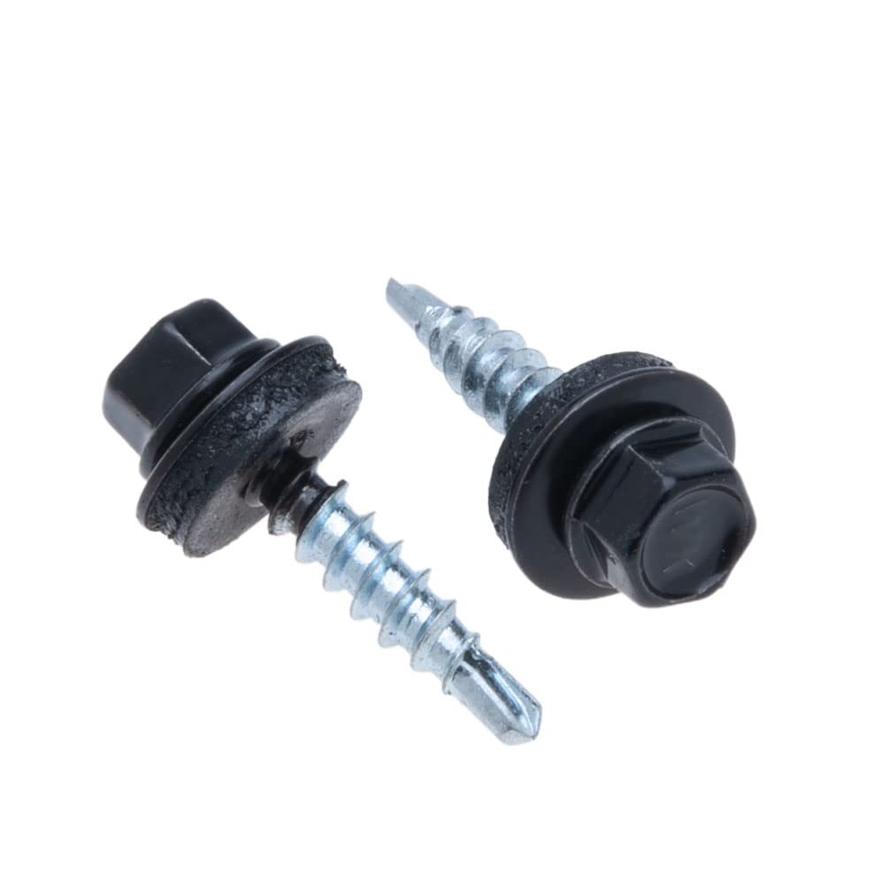 4.8 mm x 25 mm Roofing Screws, Hex Head Self-Drilling Multi-Color (RAL 9005 Jet Black) Roof Screws with EPDM Sealed Washer