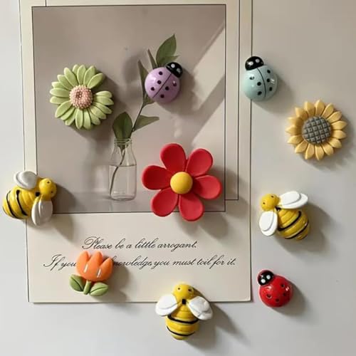 Image of Store2508 Set of 10 Cute Flower & Bug Fridge Magnets for Home Kitchen Decor | Strong Decorative Magnets for Whiteboard Refrigerator Memo Photos | Lightweight Sunflower Daisy Bee Ladybug Magnet Set