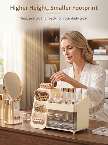 Image of Booklov Makeup Organizer for Vanity, Large Capacity Cosmetic Display Case with Clear Acrylic Drawer, Countertop Beauty Storage Holder for Skincare, Brush Eyeshadow Lipstick Counter Desk, Crystal Cream