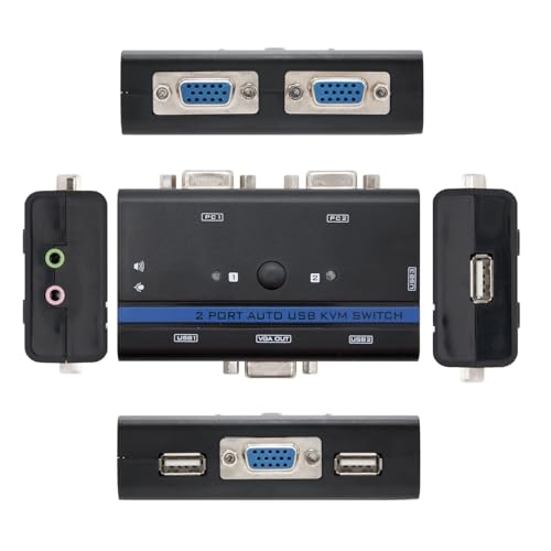 KVM Switch VGA USB 1U para 2 PCs con cables, permite controlar múltiples computadoras desde un solo teclado y monitor.