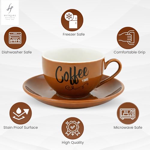 Image of Hitkari Porcelain Cup Saucer Set of 6 for Tea 220 Ml 6 Cups & 6 Saucers | 12 Piece Tea Coffee Set | Elegant Glossy Finish Teaware Microwave & Dishwasher Safe Colors CS3 - Brown