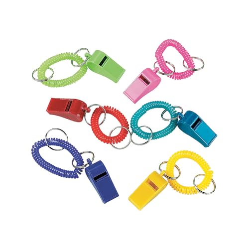 Fun Express Whistle Key Chains - 4" Solid Color Plastic Whistle Stretchy Coil Keychains - Apparel Accessories - 12 Pieces