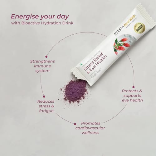 Image of AvestaAyurVAID Stress Relief & Eye Health Powered by GojiMax | Supports Immunity & Vision | Natural Bioactive Hydration Drink (Pack of 7) | No Added Sugar, No Preservatives, No Added Colours