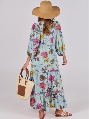 Image of ANRABESS Womens Boho Floral 3 /4 Puff Sleeve Maxi Dress | Tiered Flowy Loose Fit, Comfy Soft Rayon Fabric, Wedding Guest Church Beach, Modest Elegant, Spring Summer Fall Outfits