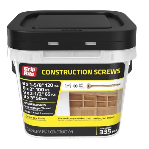 Image of Grip-Rite GCSASSTGLD Wood Screws, 335 Pieces, Alloy Steel, T-25 Star Drive, Flat Head, Zinc Finish, 1-5 /8 inch-3 inch Assorted Sizes