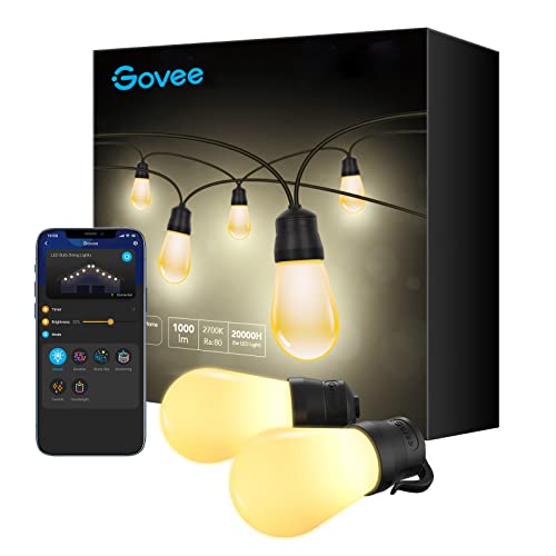 Govee Outdoor String Lights, 48ft Smart Outdoor String Lights with 15 Dimmable Warm White LED Bulbs, IP65 Waterproof Shatterproof Patio Lights for Easter Decorations, APP Control, 70lm per Bulb