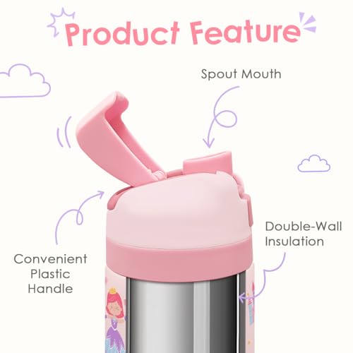 Image of Princess Kids Insulated Stainless Steel Water Bottle 16 Oz, Travel Tumbler for School, Sports for Girls, Birthday, Back To School