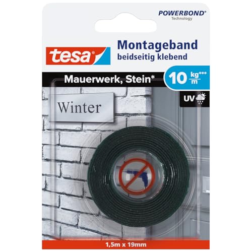 tesa Powerbond Montageband für Ziegel und Stein, 10 kg Haltekraft pro Meter - doppelseitiges Montageklebeband für Innen und Außen - 1,50 m x 19 mm