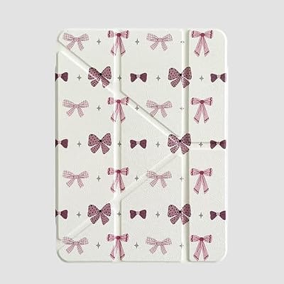 Detachable Trifold Stand Folio Case with Kickstand Pencil Holder for Apple Pink Bow Bowknot Pretty Cute Lovely Adorable Fancy Kids Girls Teens (for iPad 7th Generation 2019 10.2 Inch)