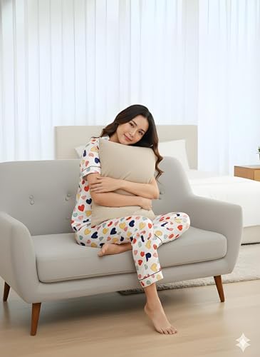 Image of Women's Lycra Heart Printed Night Suit Set of Shirt & Pajama Set Women Night Wear Set,Night Dress for Woman