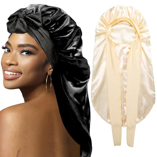 WOZUTUNT 2Pcs Bonnets for Black Women Braid Bonnet, Large Long Satin Bonnet for Braids, Silk Bonnet with Stretchy Tie Band Sleep Cap Hair (2Pcs-Black&Leopard)