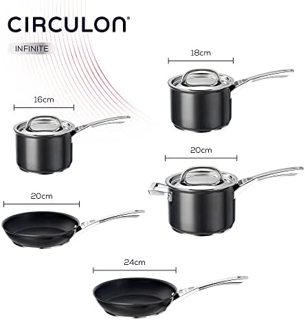 Circulon Infinite Induction Hob Pan Set of 5 - Non Stick Pots and Pans Sets with Stainless Steel Lids & Handles, Premium Dishwasher Safe Cookware, Black