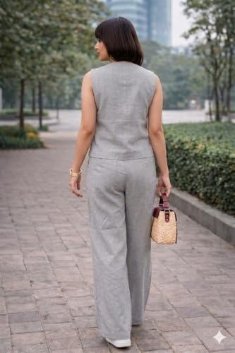 Image of Yellow Embroidered Co-Ord Set, Sleeveless Vest with Wide-Leg Trousers