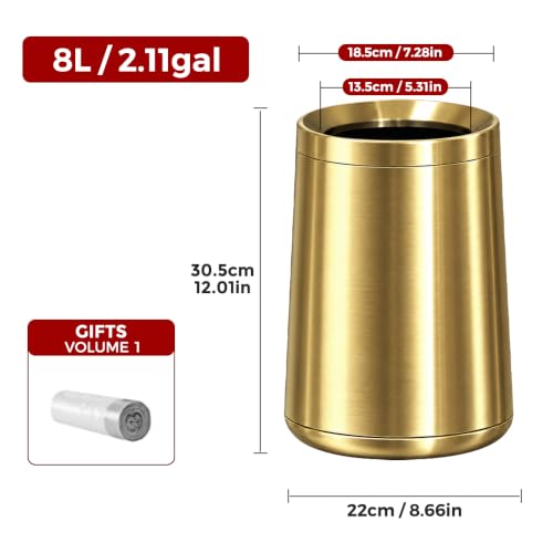 LEASYLIFE 8L/2.1GAL,Brushed Gold Bathroom Trash Can, Stainless Steel by LEASYLIFE - Used condition - Image 7