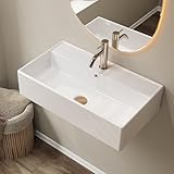 MIJIC 22' x 12' Wall Mount Bathroom Sink Rectangule Floating Sink Porcelain Ceramic White Bathroom Vessel Sink