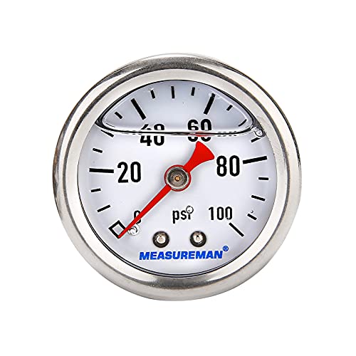 Measureman 1-1/2" Dial Size, 304 Stainless Steel Case, Liquid Filled Fuel Pressure Gauge, 0-100Psi, 3-2-3%, 1/8"Npt Center Back Mount #TOP1