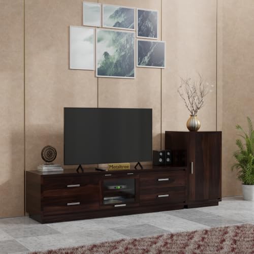 Image of Sheesham Wood Wooden tv Unit for Living Room 55 inch TV Furniture - Entertainment Unit Solid Wood tv Table for Living Room 55 inch TV Console with 4 Drawers, 4 Shelves