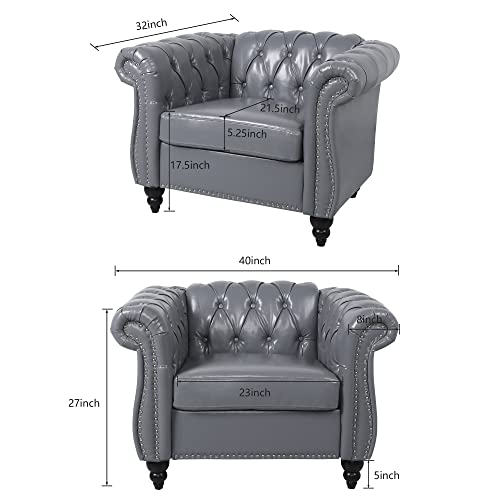 Image of ORRD Chesterfield Chair, Modern Leather Tufted Accent Sofa Couch Chair with Rolled Arms and Nailhead for Living Room, Bedroom, Office, Apartment (Grey)