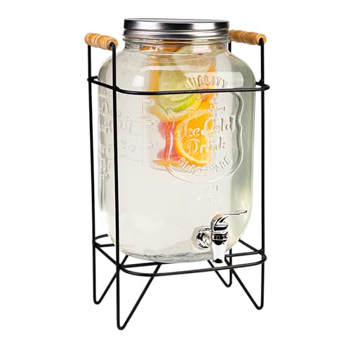 Distribuidor de Bebidas con Grifo Antigoteo - Dispensador de Bebidas de Agua de Vidrio con Soporte y Tapa - Distribuidor de Limonada de 8 litros