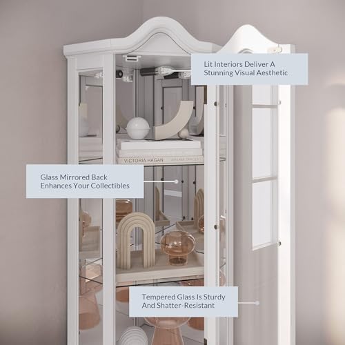 Image of BELLEZE Lighted 3-Side Glass Display Curio Cabinet w / Tempered Glass Doors and Shelves, Curved Wood Corner Cabinet with Bulb, Corner Storage Rack (White)