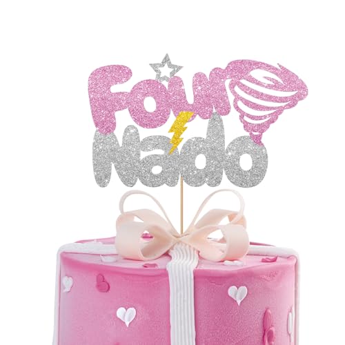 Fournado Cake Topper, Tornado 4th Birthday Cake Topper, Lightning/Tornado Baby Girl Four Years Old Cake Decor, Four Nado Birthday Party Supplies Decoration - Silver & Pink Glitter