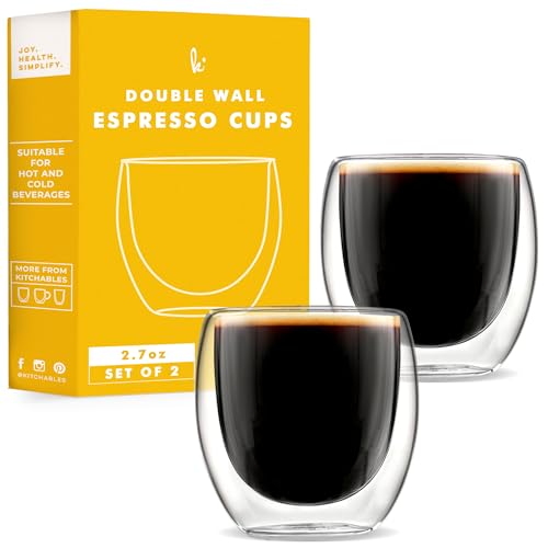 Kitchables Espresso Cups Set of 2, 2.7oz - Durable Double Walled Espresso Shot Glass - Expresso Shots Cup Compatible With Nespresso Machines - demitasse cups - Tasas De Café Expreso