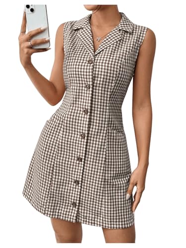 MakeMeChic Women's Plaid Gingham Lapel Button Down Short Dresses Sleeveless A Line Shirt Dress with Pocket