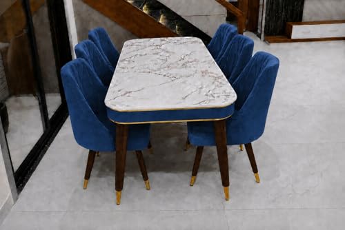 Image of WOODEN SPACE 6-Seater Wooden Dining Table Set | Nano Composite Marble Top | Solid Wood Base | Modern Dining Room Furniture with 6 Chairs (Blue 2)