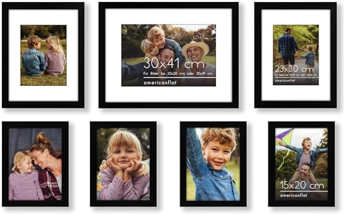 Americanflat Set Cornici Foto da Parete e da Tavolo Nere Con Passepartout, 7 Pezzi - Da 30x40, 23x30 e 15x20 cm - Composizione Cornici da Parete con Vetro Infrangibile