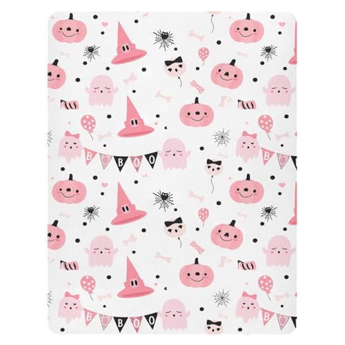 Image of Pfrewn Cute Halloween Crib Sheets for Girls Cute Pink Ghosts Pumpkin Fitted Crib Sheet for Mini Crib Mattress Stretch Soft Toddler Baby Playard Sheet, 39x27x5IN