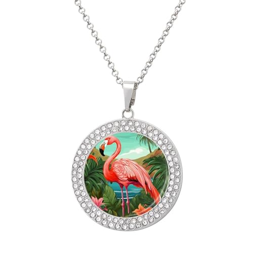 Image of FodPand Tropical Flamingo Necklace Round Coin Pendant Fashion Diamond Necklaces Charm Jewelry Necklace Disk Dainty Necklaces Jewelry Alloy Chain for Women Daily Wear & Gift, One Size, Metal, No