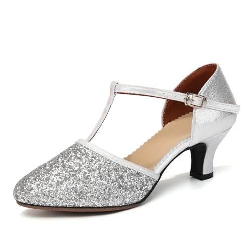 YCALCP Zapatos de Baile de Salón Lentejuelas Cerrados Práctica Salsa y Bachata Tango Profesional de Salon,FT 135 Suela de Goma,Tacón de 5.5cm,Plata,EU 38